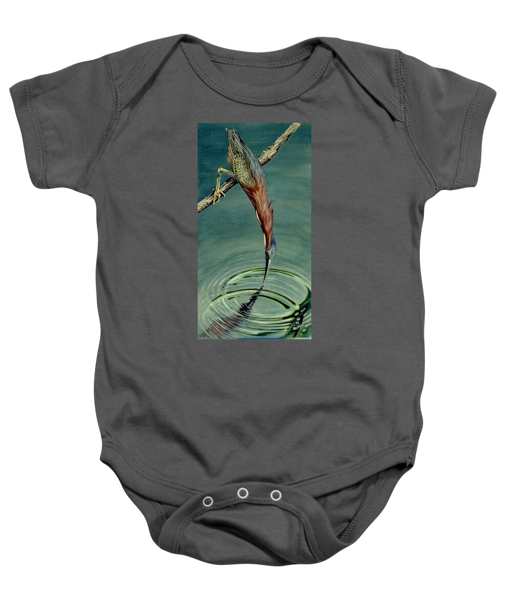 Green Hereon Baby Onesie featuring the painting Green Heron by Greg and Linda Halom