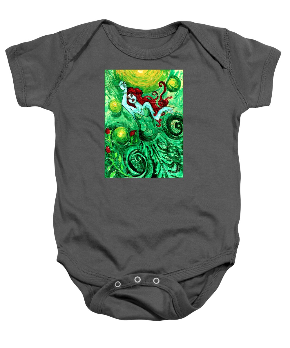 Mermaid Baby Onesie featuring the painting Green Mermaid With Red Hair And Roses by Genevieve Esson