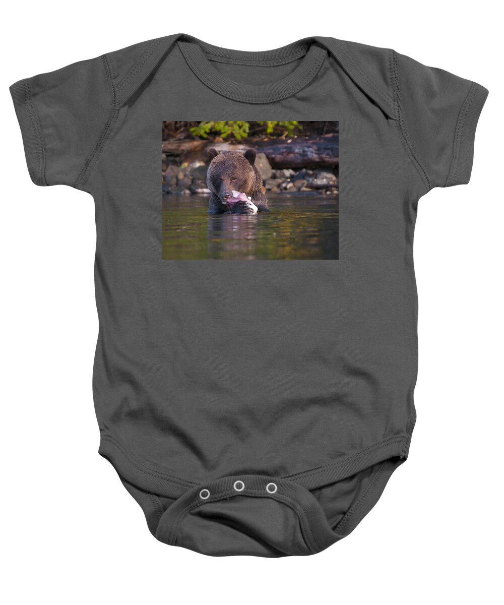 Grizzly Baby Onesie featuring the photograph Grizzly and Salmon by Bill Cubitt