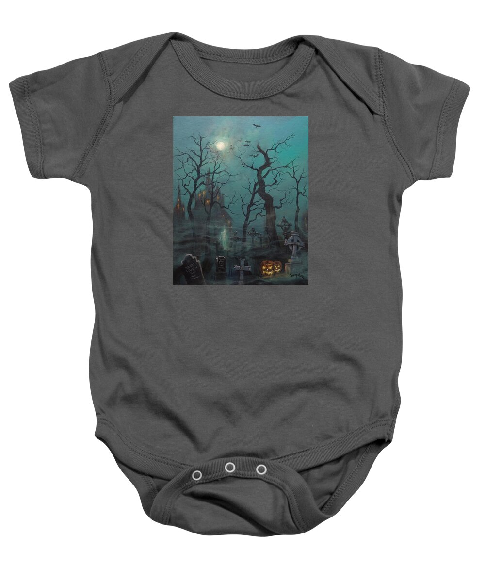  Cemetery Baby Onesie featuring the painting Halloween Ghost by Tom Shropshire