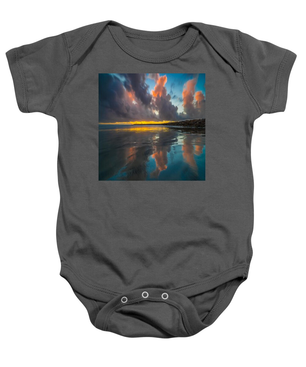 California; Long Exposure; Ocean; Reflection; San Diego; Seascape; Sunset; Surf; Clouds Baby Onesie featuring the photograph Harbor Jetty Reflections Square by Larry Marshall