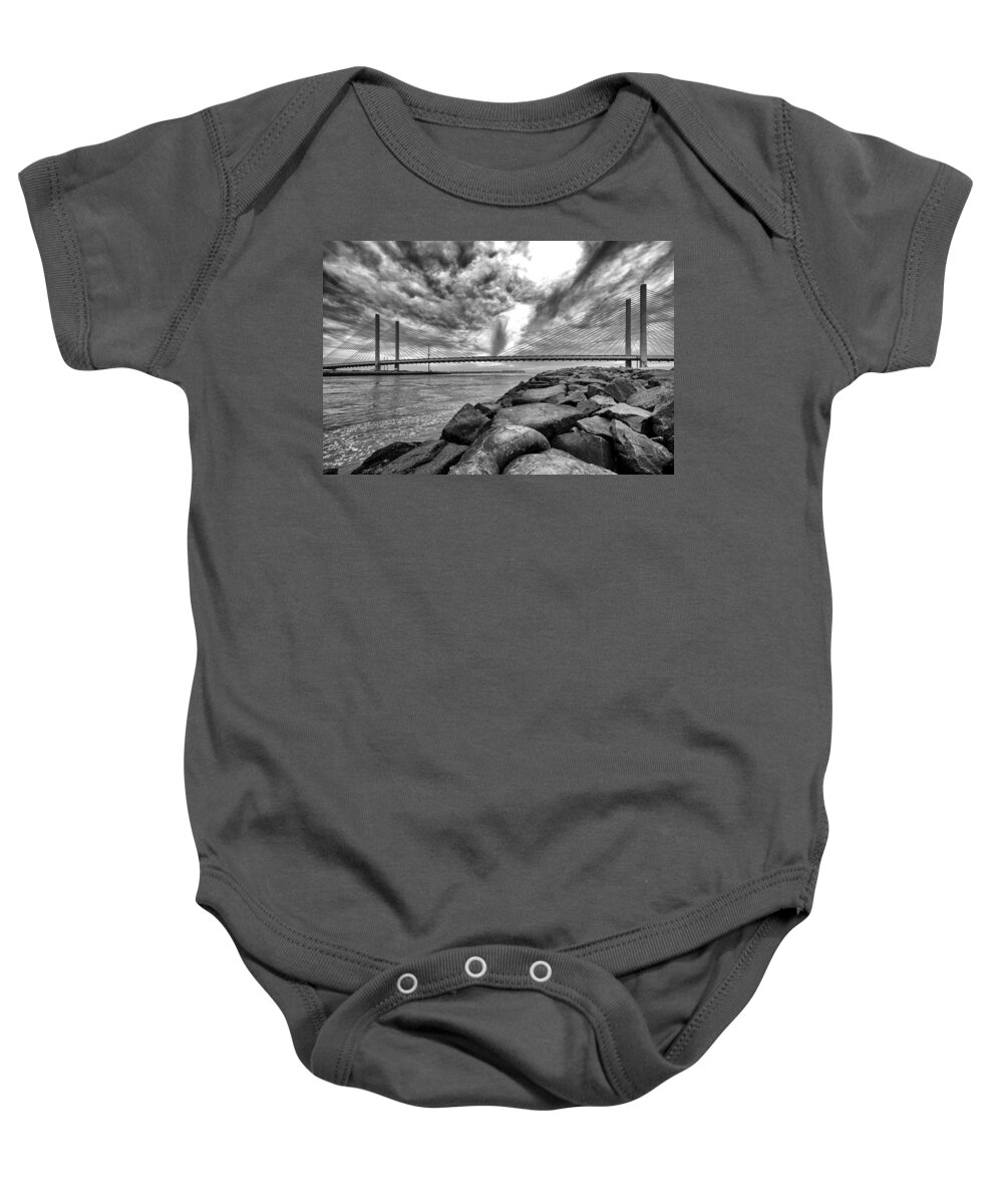 Indian River Bridge Baby Onesie featuring the photograph Indian River Bridge Clouds Black and White by Bill Swartwout