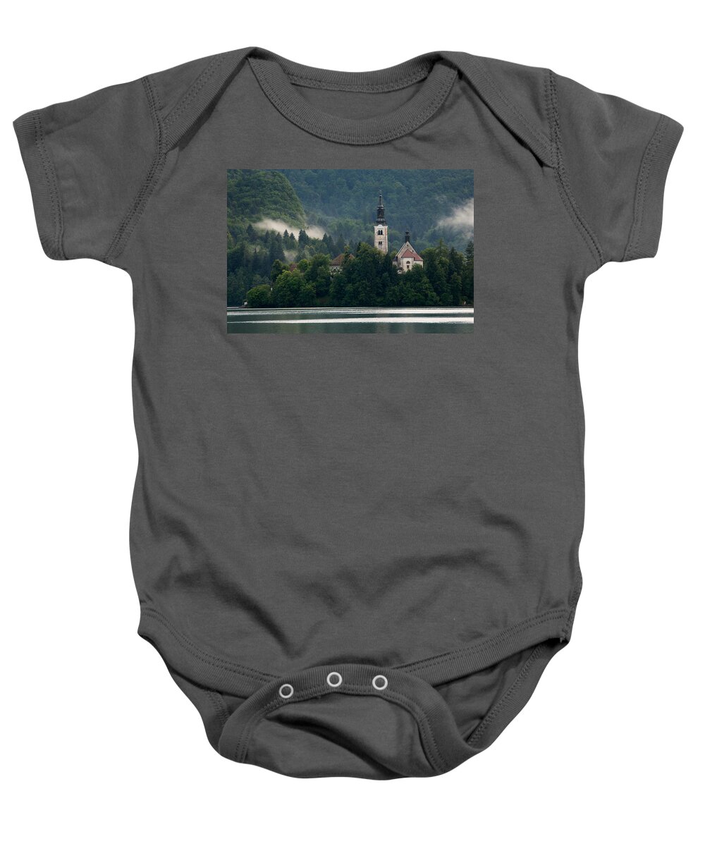 Bled Baby Onesie featuring the photograph Island church by Ian Middleton