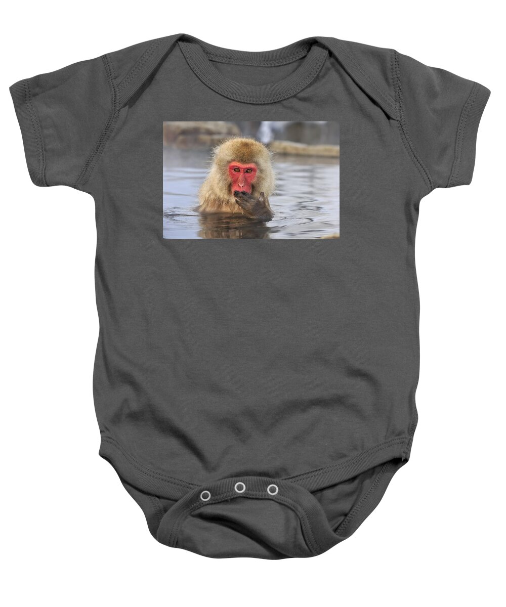 Thomas Marent Baby Onesie featuring the photograph Japanese Macaque In Hot Spring by Thomas Marent