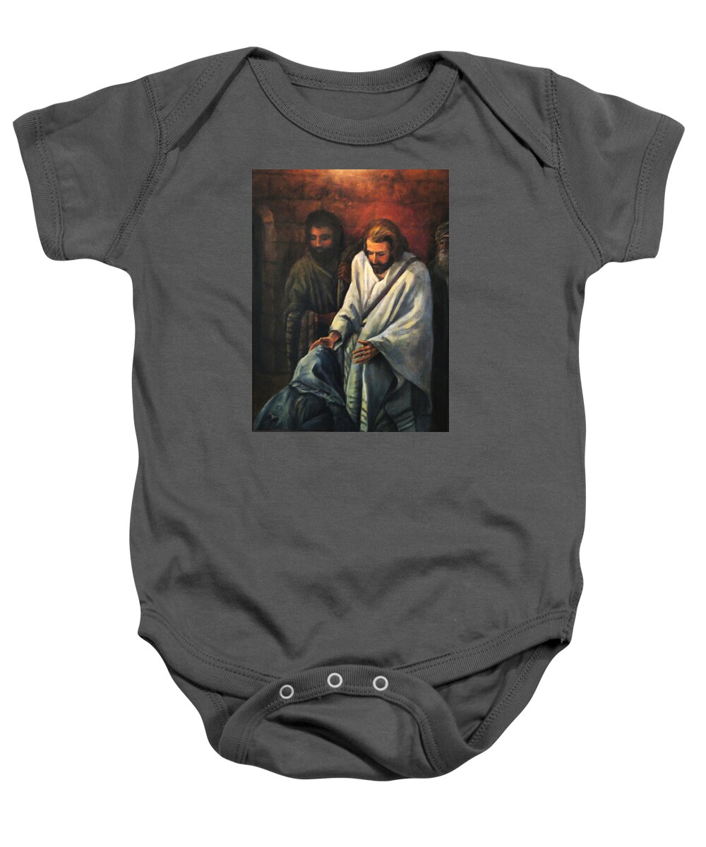 Religious Baby Onesie featuring the painting Jesus Healing Beggar by Donna Tucker
