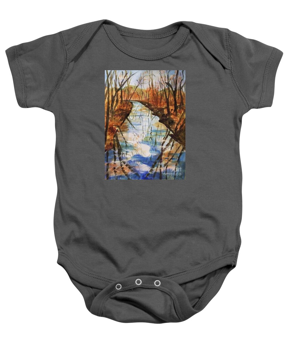 Autumn Baby Onesie featuring the painting Last Days of Autumn - Creek Reflections by Ellen Levinson