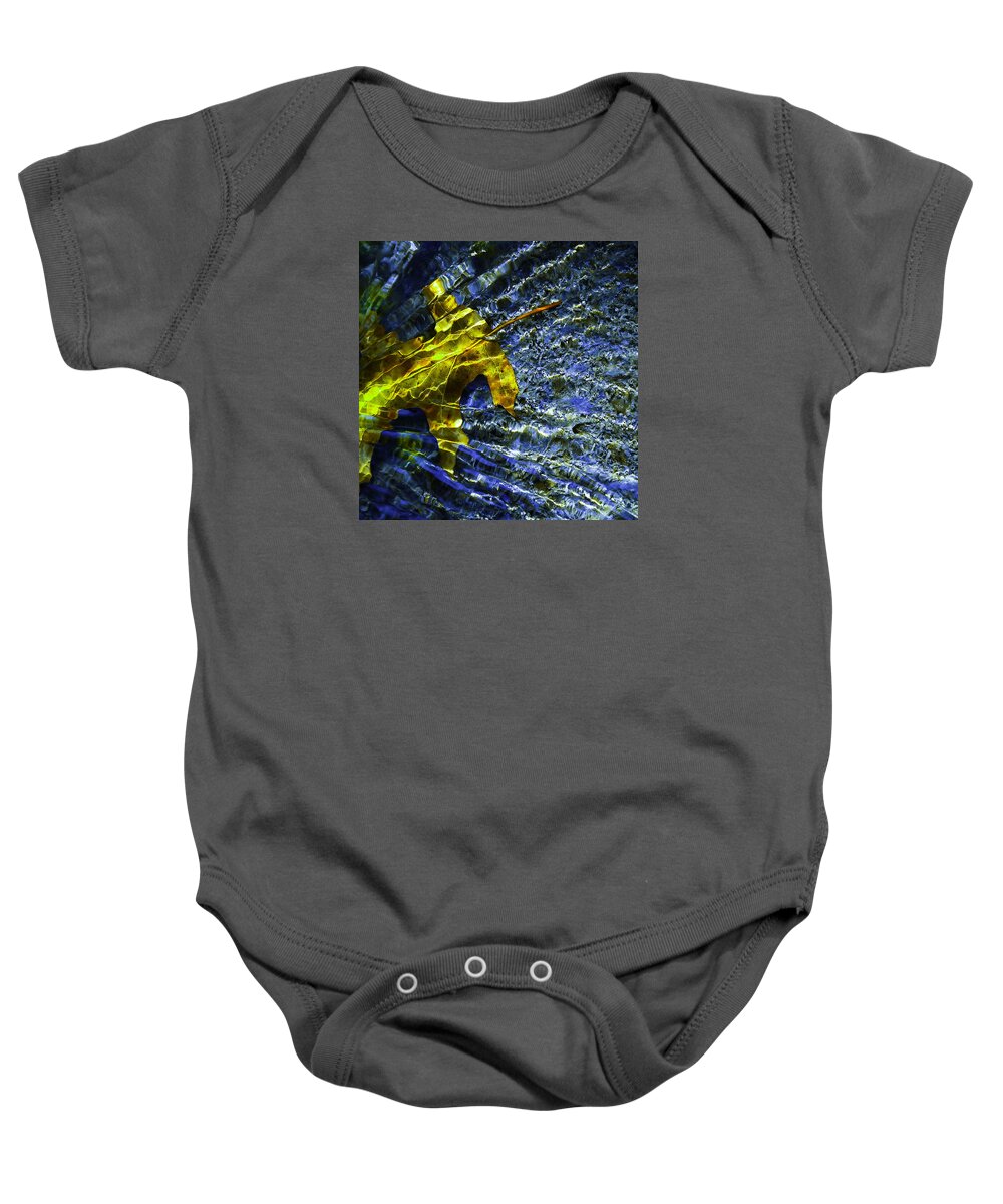 Leaf In Creek Baby Onesie featuring the photograph Leaf In Creek - Blue Abstract by Darryl Dalton