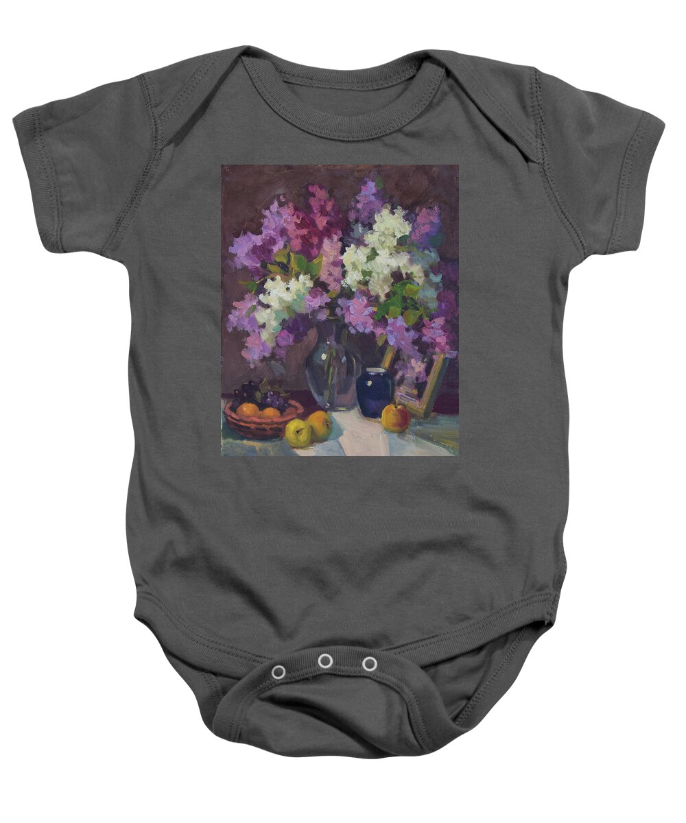 Lilacs Baby Onesie featuring the painting Lilacs and Blue Vase by Diane McClary
