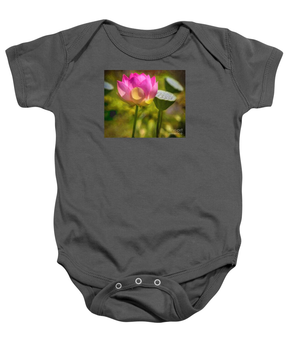 Lily At The Pond Baby Onesie featuring the painting Lily at the pond by David Millenheft