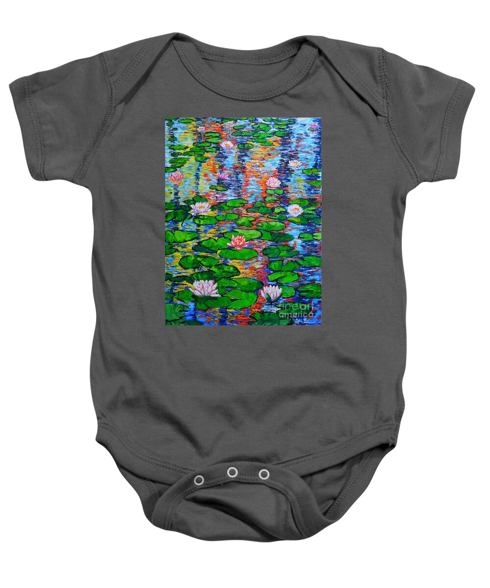 Lilies Baby Onesie featuring the painting Lily Pond Colorful Reflections by Ana Maria Edulescu