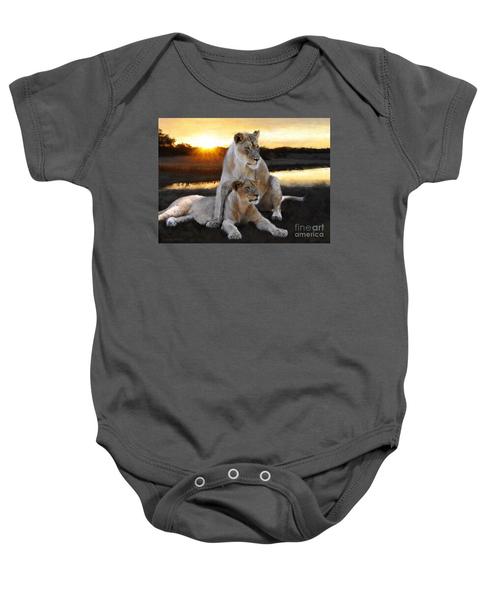 Lioness Baby Onesie featuring the painting Lioness Protector by Constance Woods