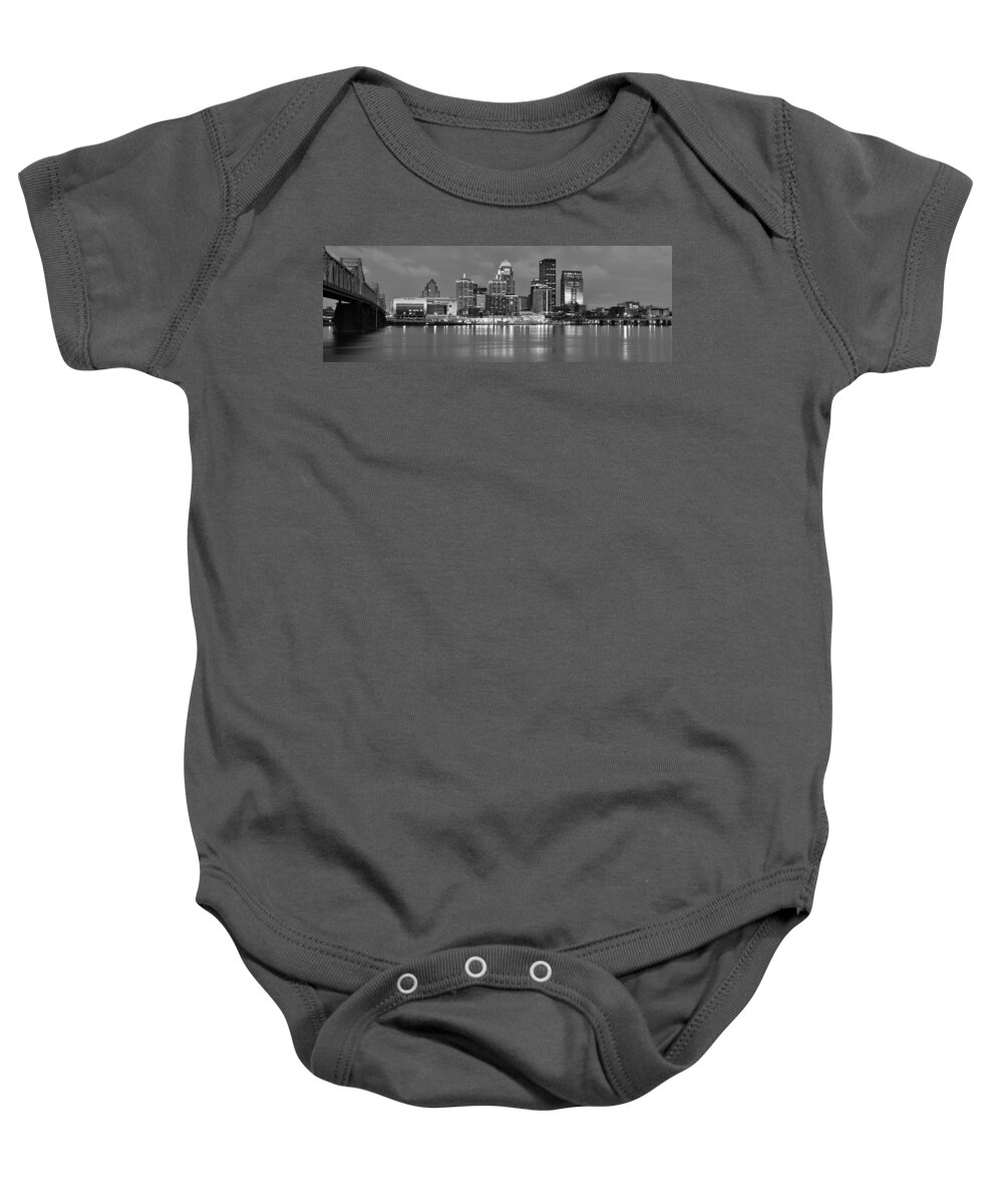 Louisville Skyline Baby Onesie featuring the photograph Louisville Skyline at Dusk Sunset BW Black and White Panorama Kentucky by Jon Holiday
