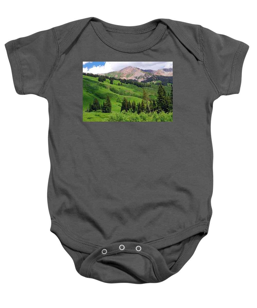Colorado Baby Onesie featuring the painting Lush Green of a Colorado Summer by Cascade Colors