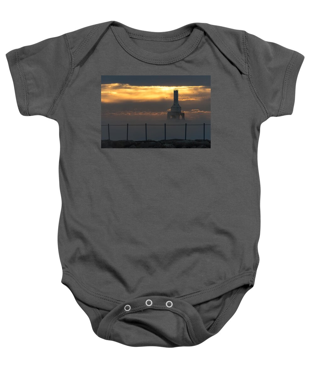  #cold #fog #foggy #icon #landscape #lighthouse #maritime #mist #mood #moody #navigation #sailing #seagull #seascape #sunrise #view Baby Onesie featuring the photograph Many Moods by James Meyer