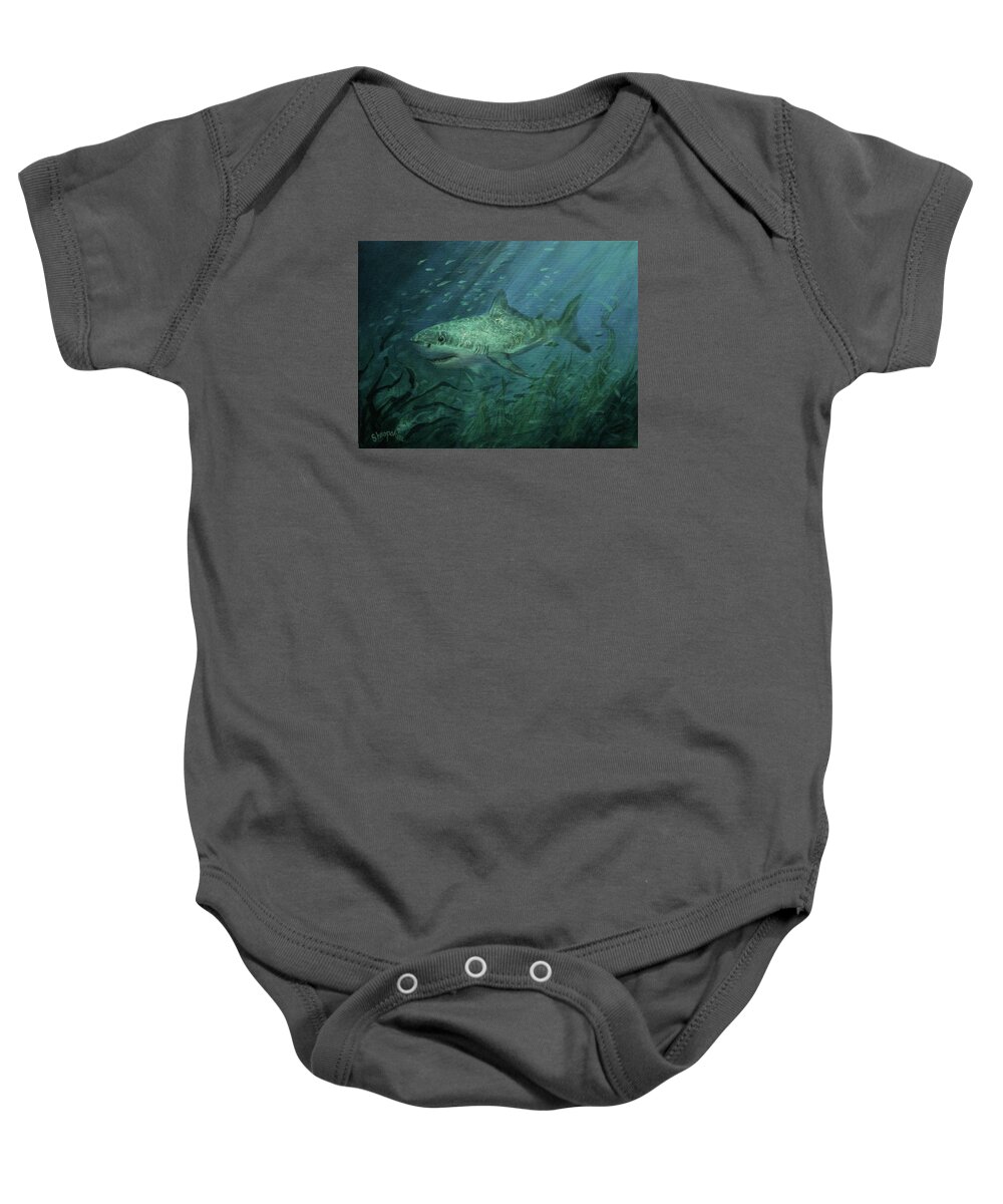 Shark Baby Onesie featuring the painting Megadolon Shark by Tom Shropshire