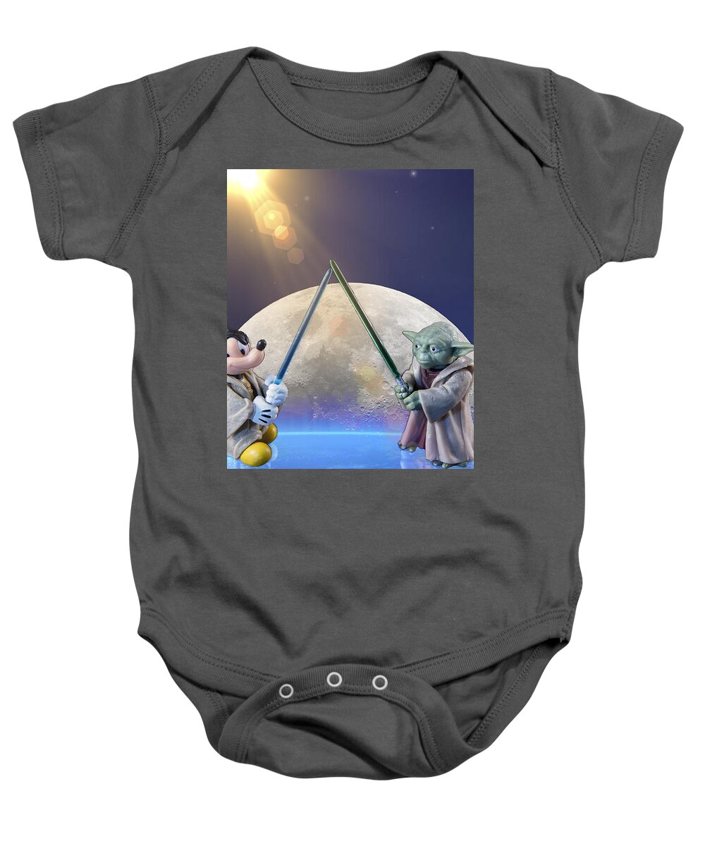 Mickey Mouse Baby Onesie featuring the photograph Mickey vs Yoda by Bill and Linda Tiepelman