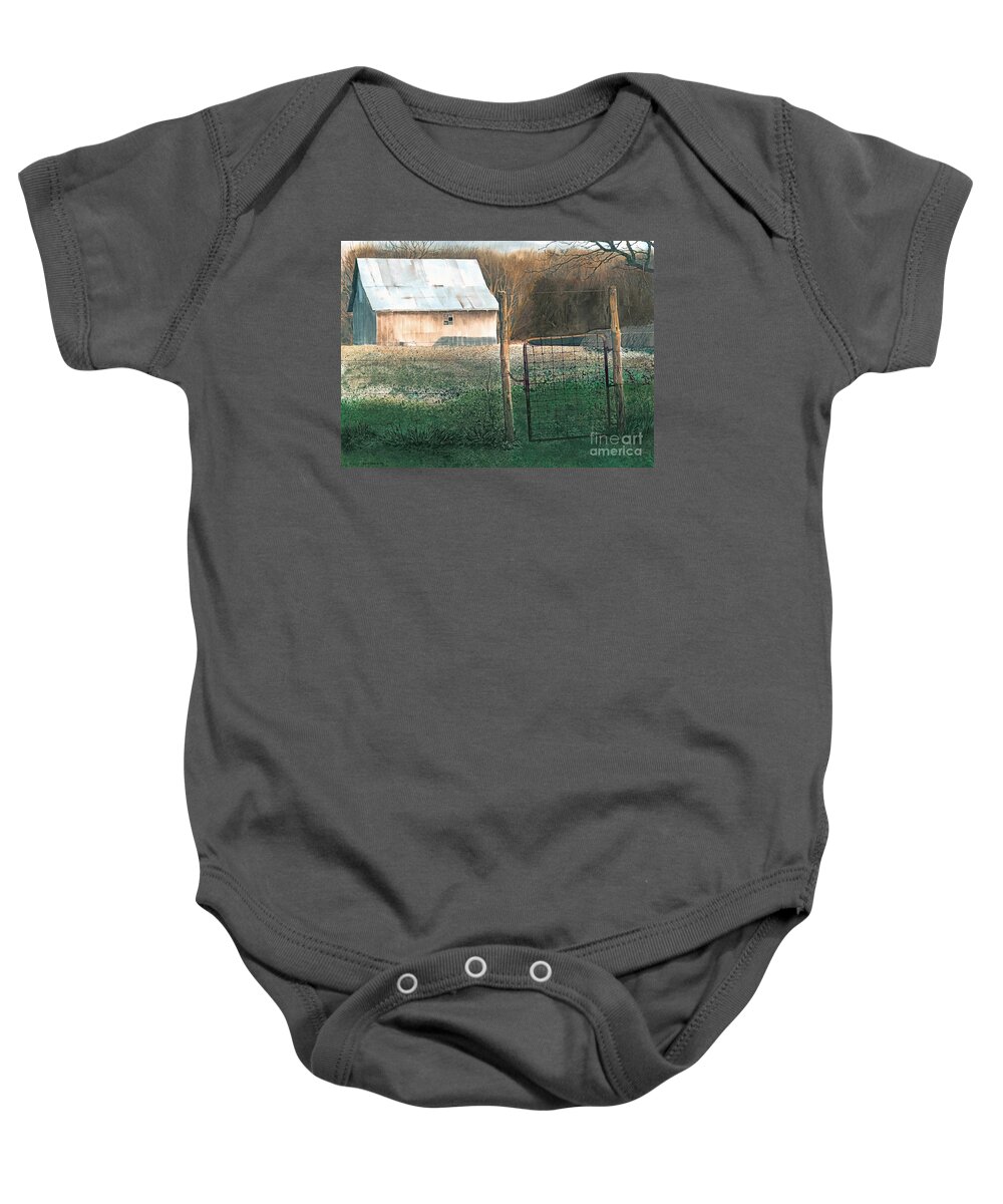 A Small Barn On A Small Farm In Missouri Glows In The Lowering Evening Sun Of Another Quiet Day In The Country. Baby Onesie featuring the painting Milking Time by Monte Toon