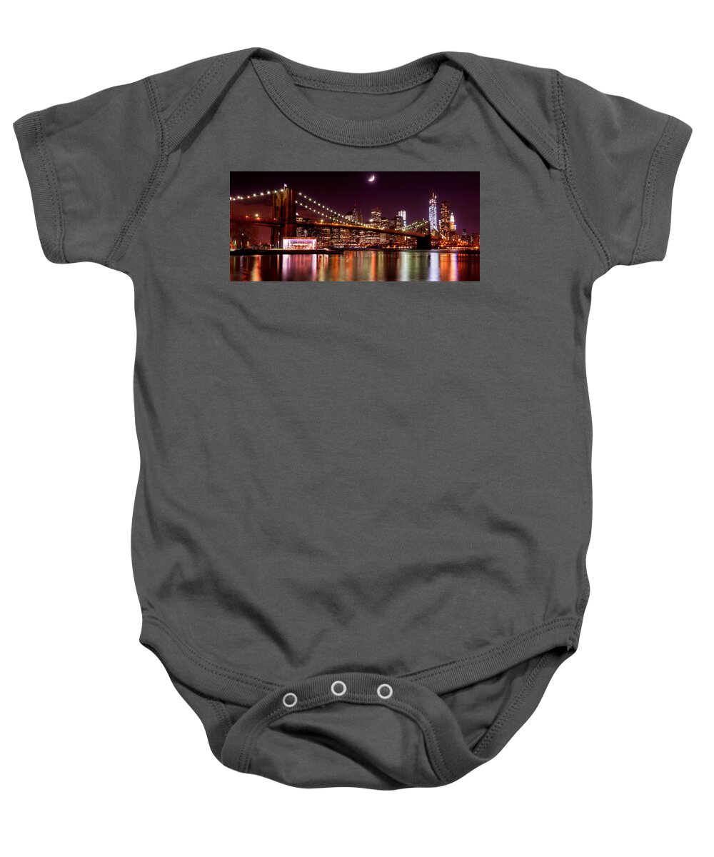 Amazing Brooklyn Bridge Photos Baby Onesie featuring the photograph Moonlit NYC Panorama by Mitchell R Grosky