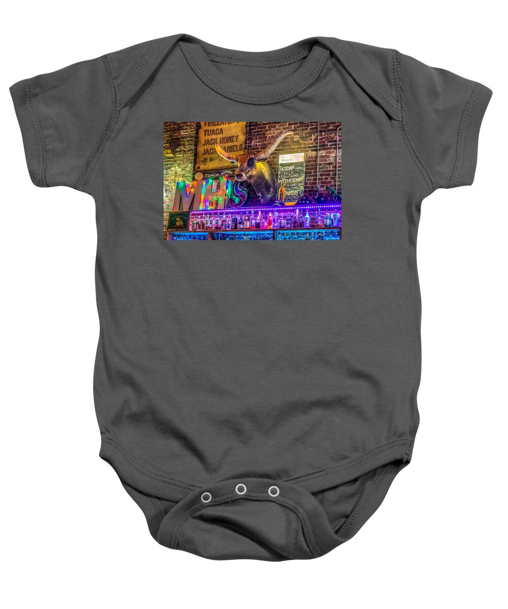 Alcohol Baby Onesie featuring the photograph Moose Head Saloon II by Traveler's Pics