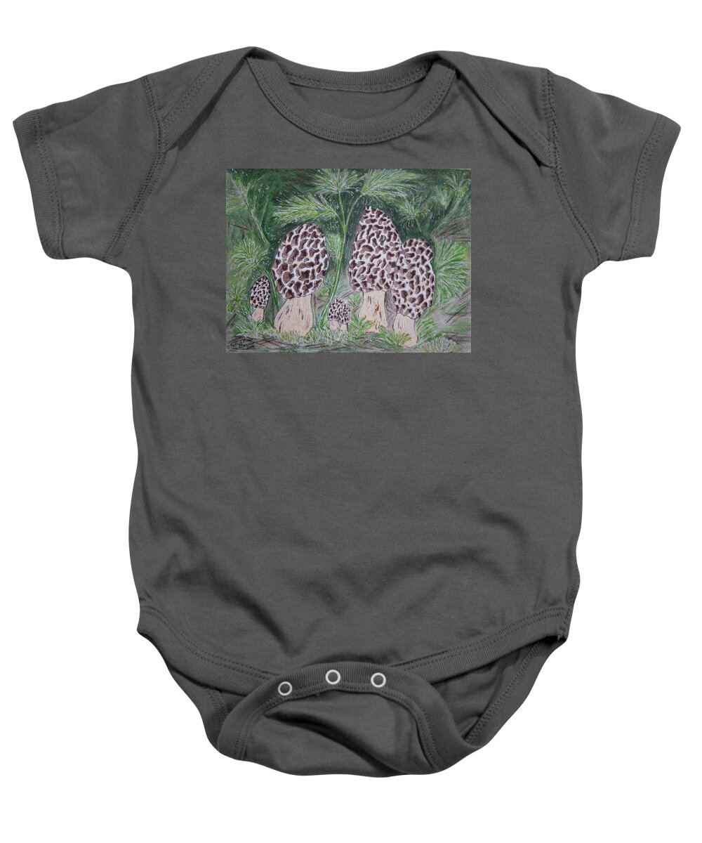Morel Baby Onesie featuring the painting Morel Mushrooms by Kathy Marrs Chandler