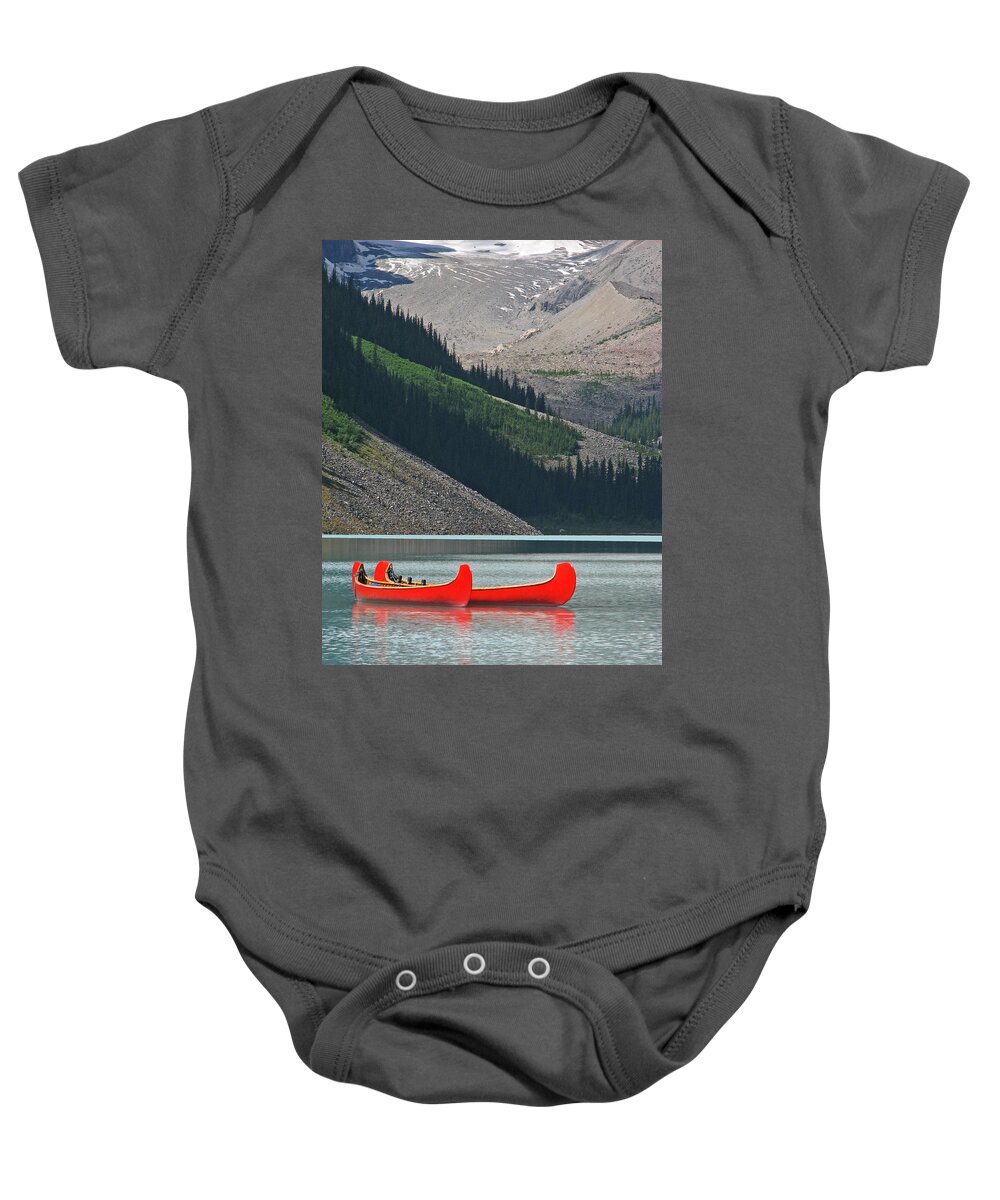Red Baby Onesie featuring the photograph Mountain Canoes by Marcia Socolik