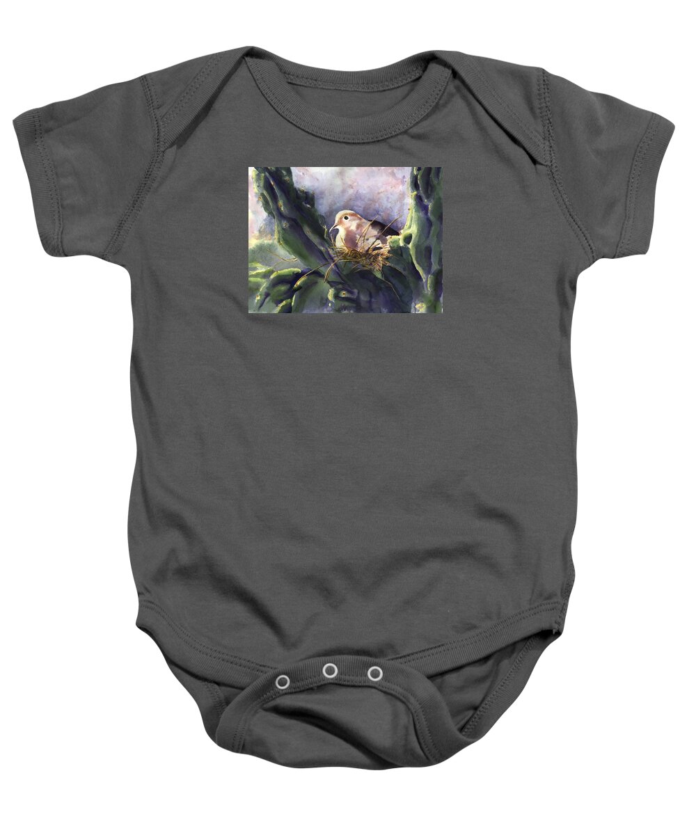 Doves Baby Onesie featuring the painting Patience is a Virtue by Maria Hunt