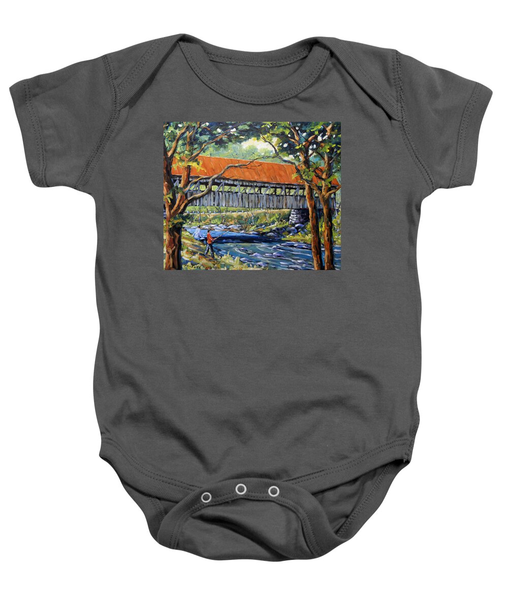 Landscape Baby Onesie featuring the painting New England Covered Bridge by Prankearts by Richard T Pranke