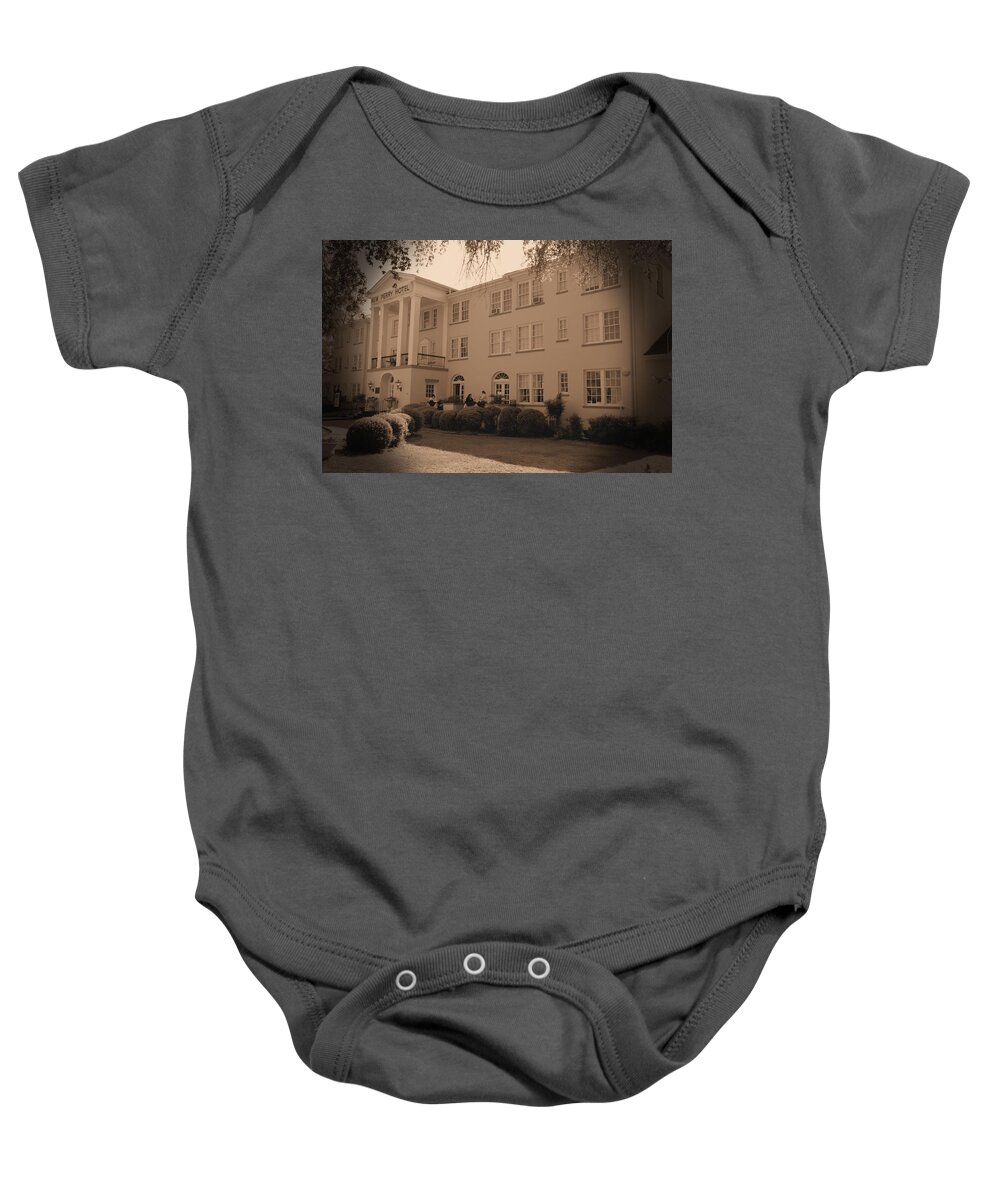 7006 Baby Onesie featuring the photograph New Perry Hotel in Sepia by Gordon Elwell