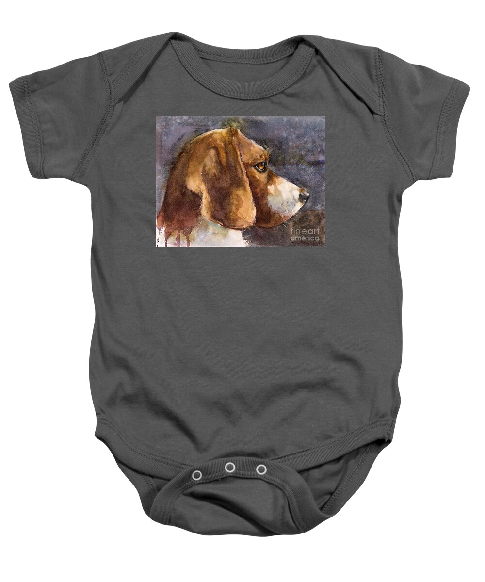 Dog Baby Onesie featuring the painting Night Calls by Judith Levins
