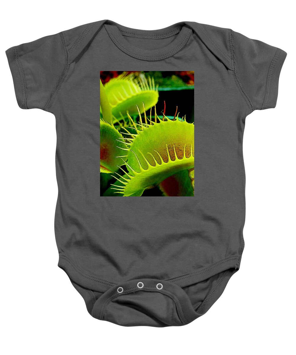 Venus; Flytrap; Green; Red; Close Up; Macro; Carniverous; Plant Baby Onesie featuring the photograph No Room to Land by Steve Taylor