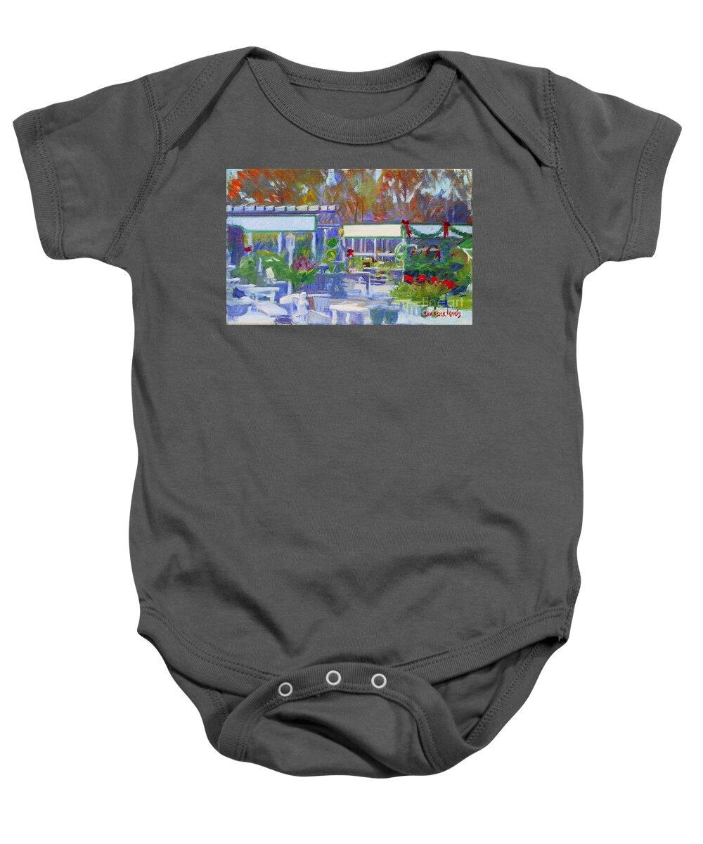 Green Baby Onesie featuring the painting North Greenery at Christmas by Candace Lovely