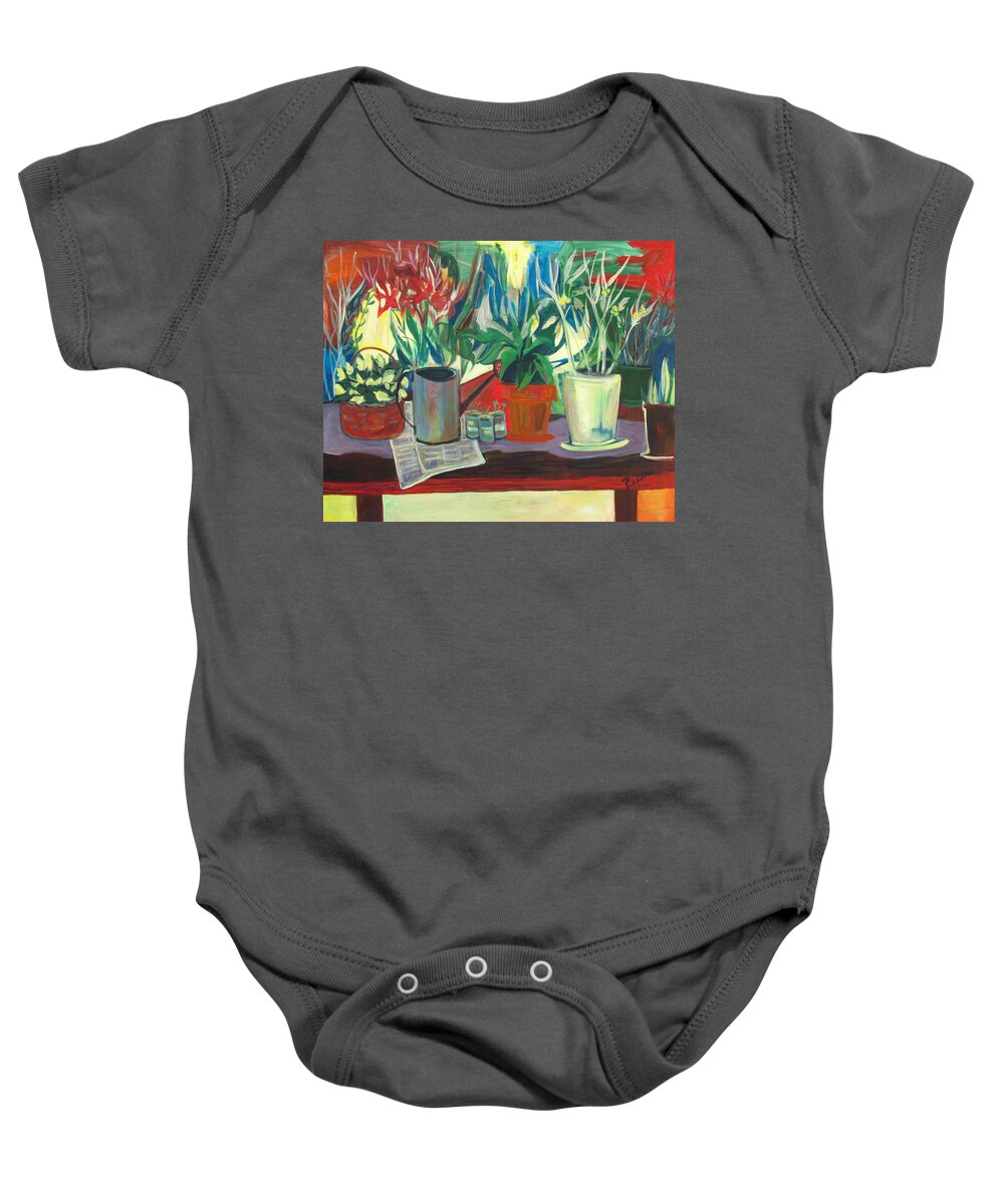 Painting Of House Plants Baby Onesie featuring the painting Not Your Grandpa's Potting Stand by Betty Pieper