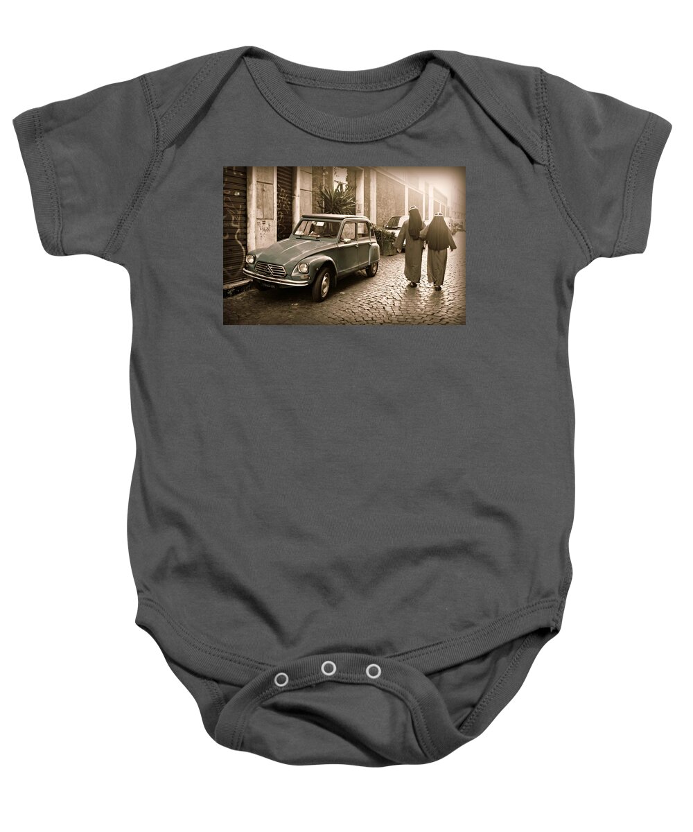 Classic Car Baby Onesie featuring the photograph Nuns with Vintage Car by Steve Natale
