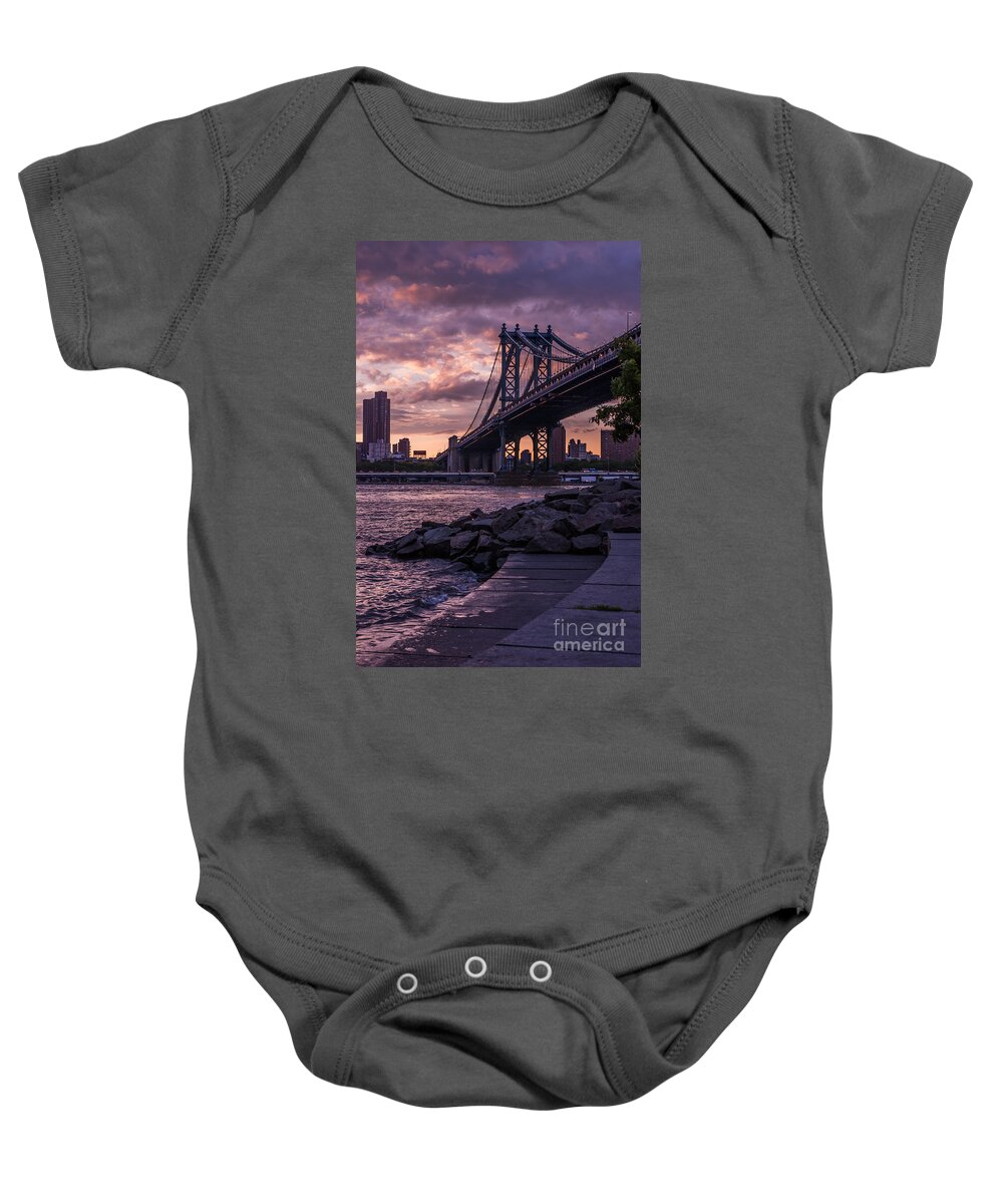 Nyc Baby Onesie featuring the photograph NYC- Manhatten Bridge at night by Hannes Cmarits