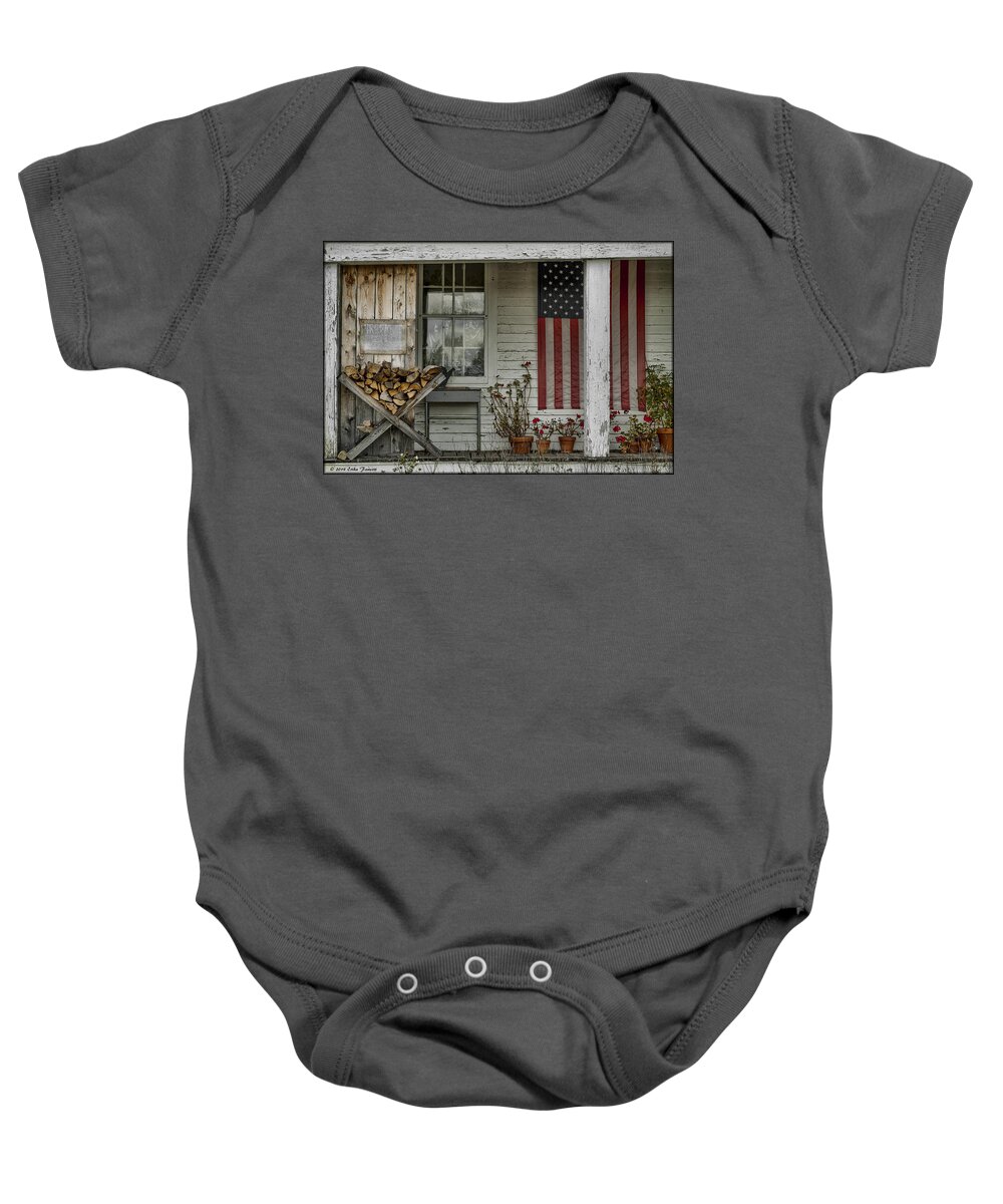 Flag Baby Onesie featuring the photograph Old Apple Orchard Porch by Erika Fawcett