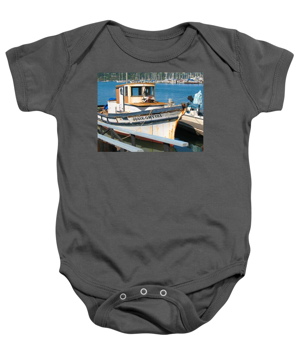 Vintage Boat Baby Onesie featuring the photograph Old Fishing Boat in Sausalito by Connie Fox