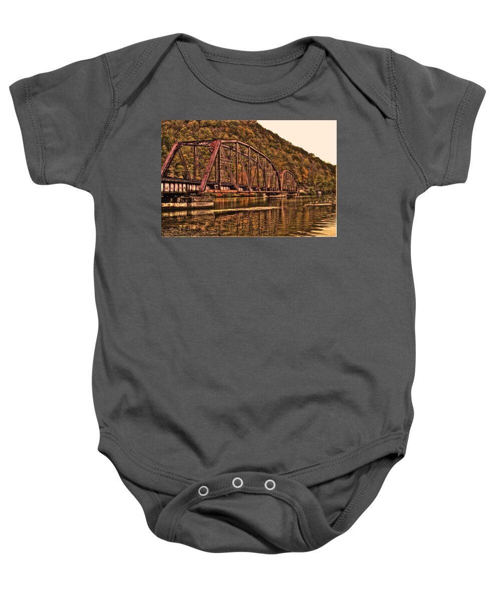 River Baby Onesie featuring the photograph Old Railroad Bridge with Sepia Tones by Jonny D
