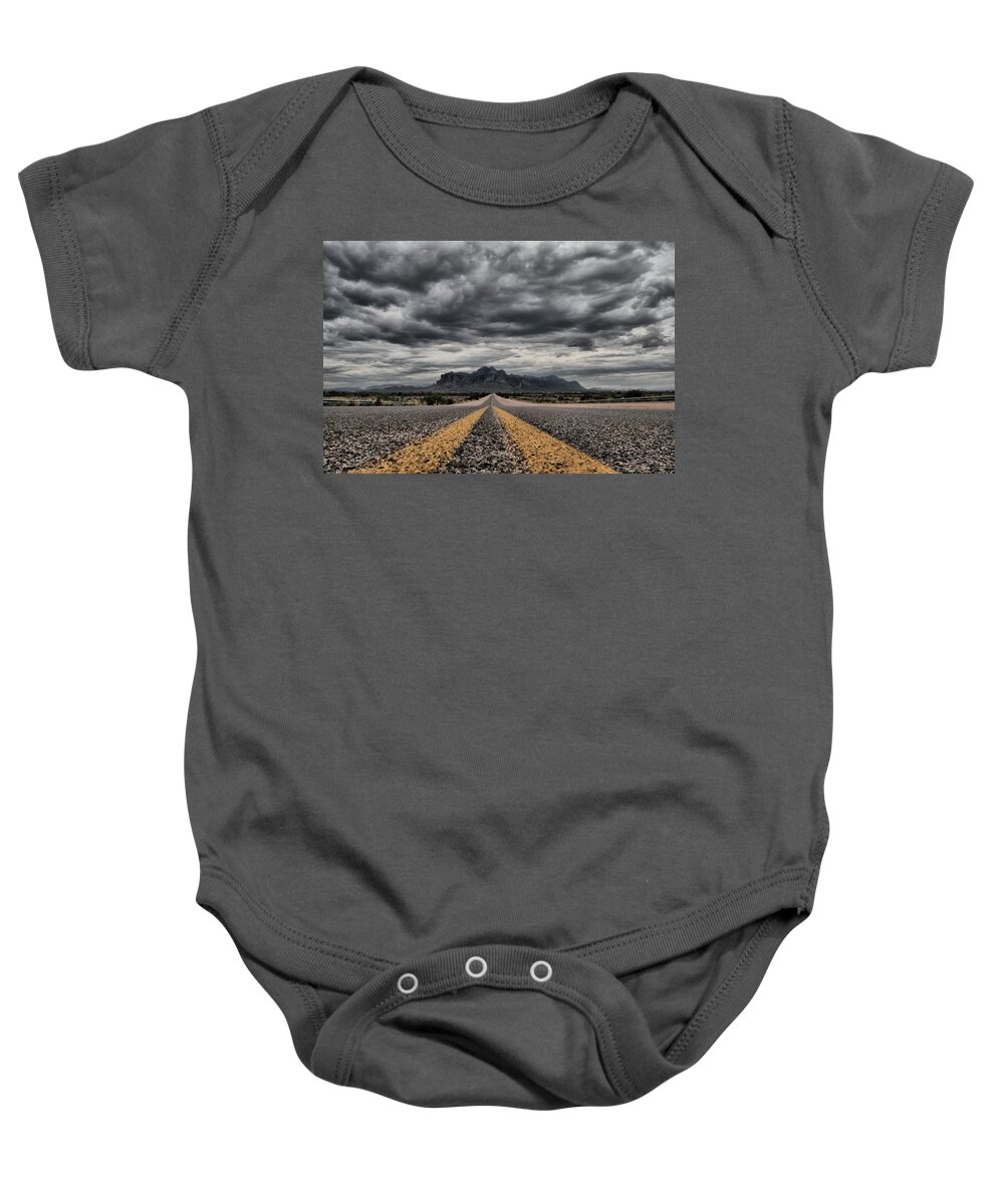 Superstitionmountain Baby Onesie featuring the photograph On The Road Again by Tam Ryan