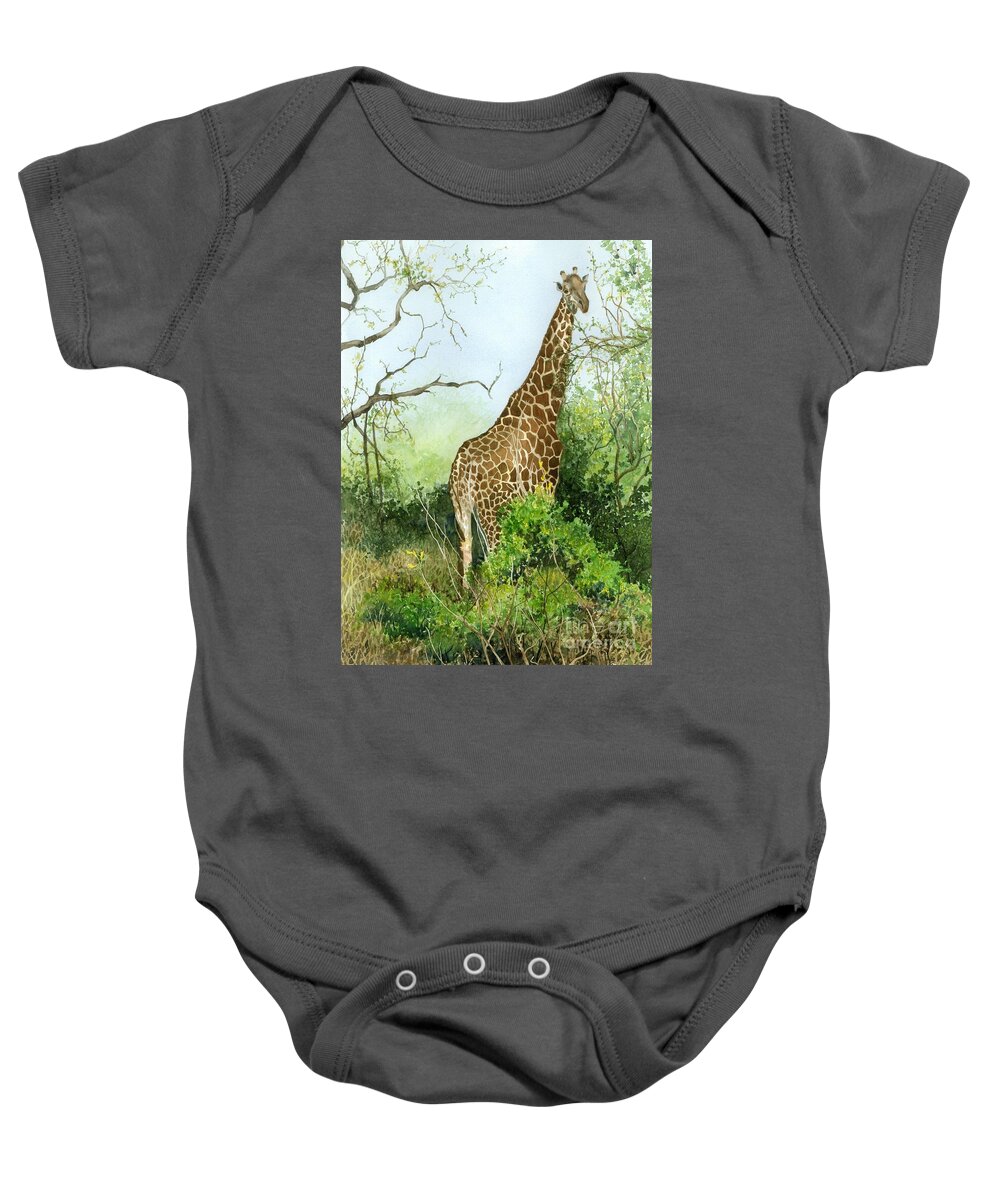 Giraffe Baby Onesie featuring the painting One in the Bush by Barbara Jewell