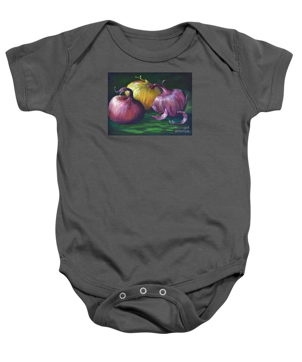 Still Life Painting Baby Onesie featuring the painting Onions by AnnaJo Vahle