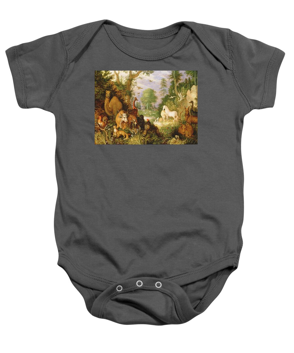 Camel Baby Onesie featuring the painting Orpheus Charming The Animals, C.1618 by Roelandt Jacobsz. Savery