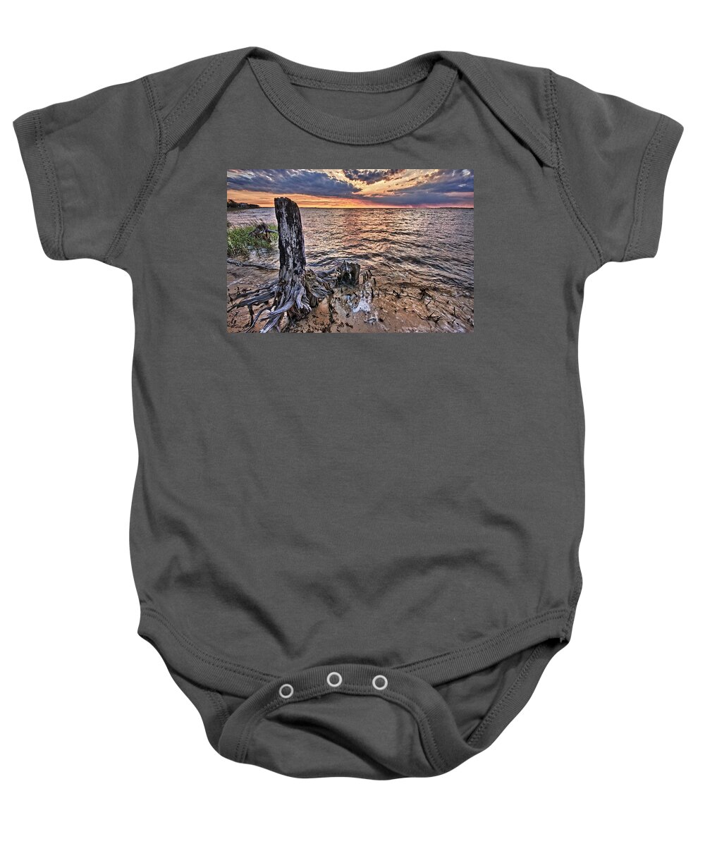 Alabama Baby Onesie featuring the digital art Oyster Bay Stump Sunset by Michael Thomas