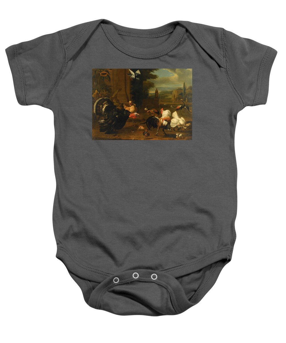 Melchior De Hondecoeter Baby Onesie featuring the digital art Palace Garden Exotic Birds and Farmyard Fowl by Melchior de Hondecoeter