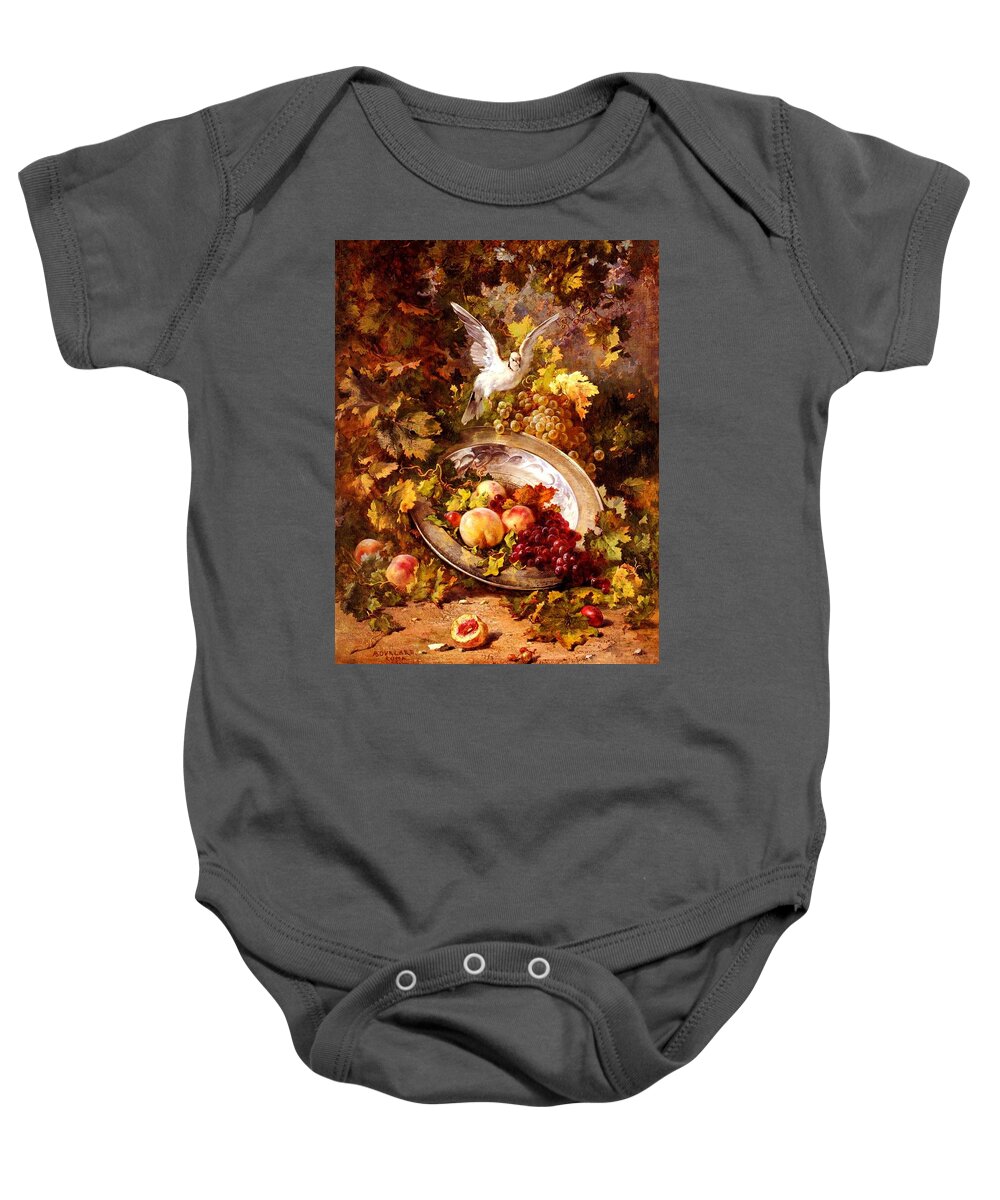 Still Life Baby Onesie featuring the painting Peaches and Grapes With A Dove - Bourland - 1875 by Pam Neilands