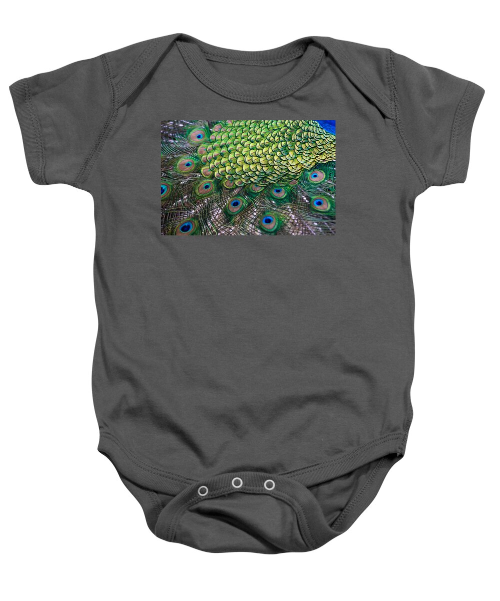 Male Baby Onesie featuring the photograph Peacock display abstract by Eti Reid