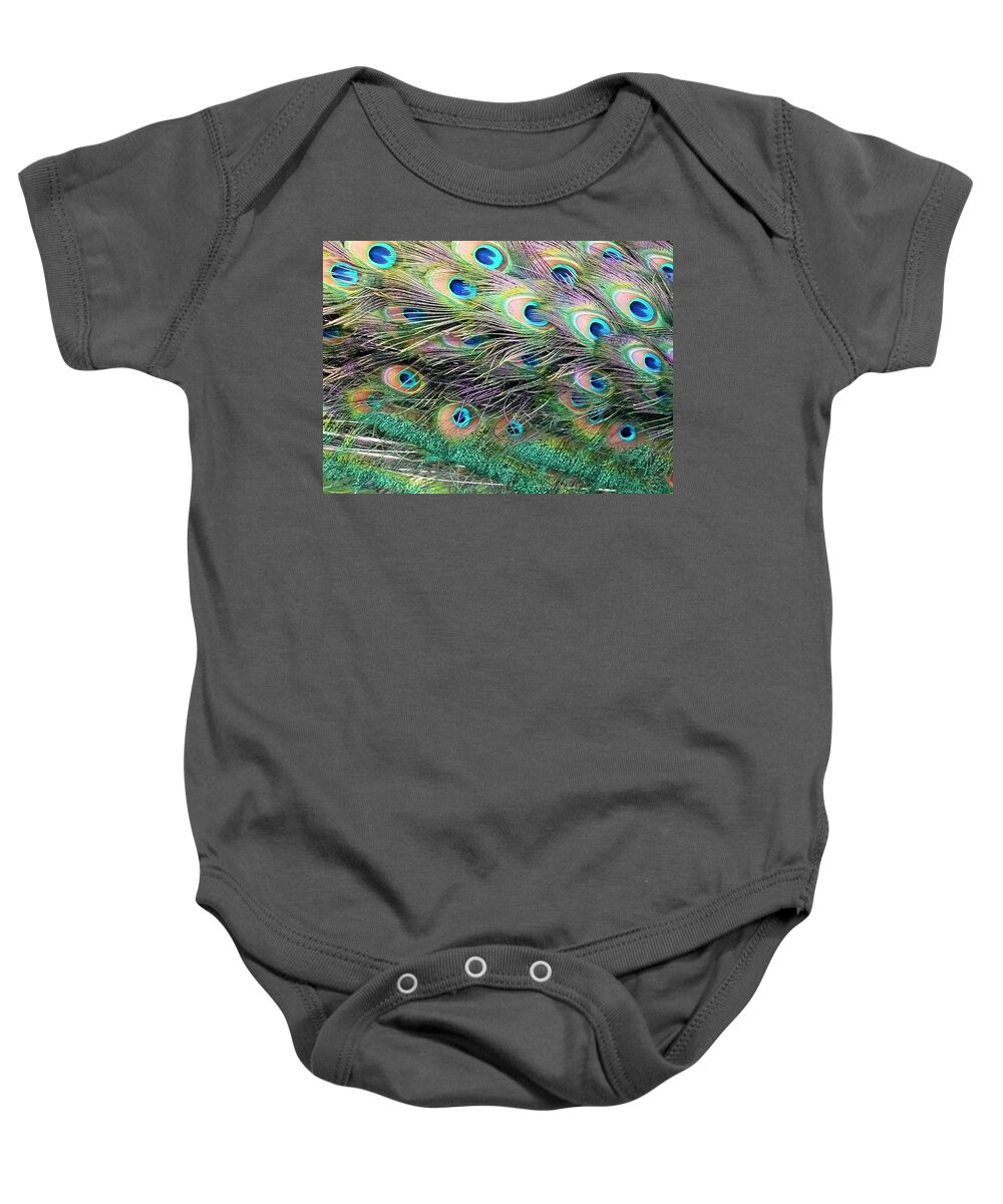 Peacock Baby Onesie featuring the photograph Peacock Feathers by Jane Girardot