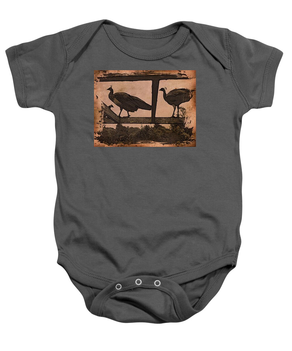 Peahens Baby Onesie featuring the photograph Peahens by Suzy Norris