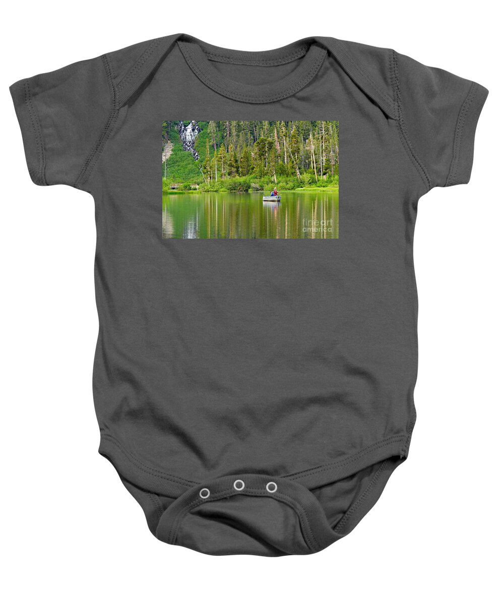 Lake Reflection Fishing Boat Waterfall Forest Morning Mountain M Baby Onesie featuring the photograph Perfect Sunday - Two people fishing on a lake in Mammoth California. by Jamie Pham