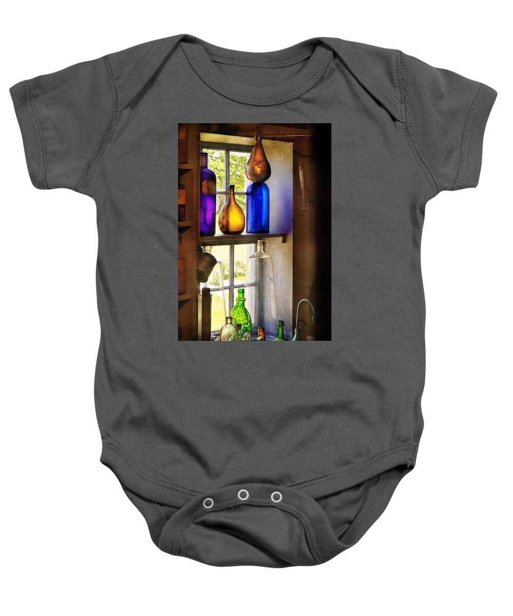 Hdr Baby Onesie featuring the photograph Pharmacy - Colorful glassware by Mike Savad