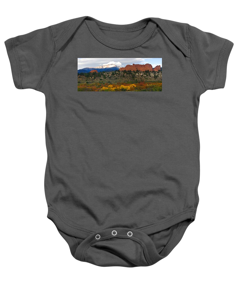 Garden Of The Gods Baby Onesie featuring the photograph Pikes Peak Fall Pano by Ronda Kimbrow